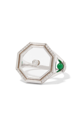 Amulet Hexagon Pinky Ring, 18k White Gold & Diamond